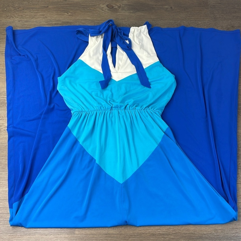 Vince Camuto Women’s Blue White Teal Colorblock Matte Jersey Maxi Dress, size 2 - Picture 9 of 12